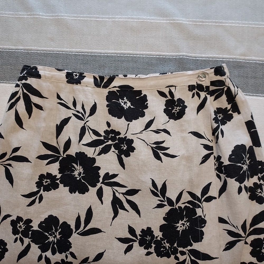 Vtg Jaclyn Smith Classic Floral‎ Wrap Midi Maxi Skirt Black Tan Linen Rayon XL